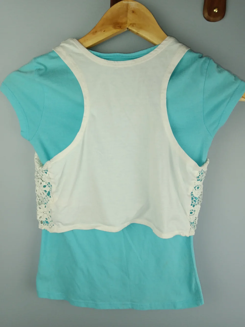 Justice Aqua Graphic Tee with White Crochet Vest